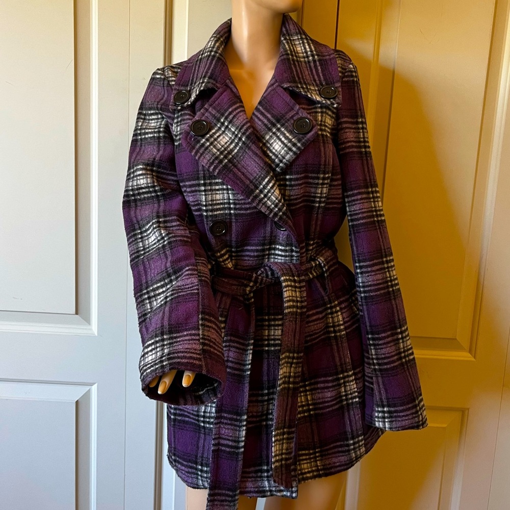 JuJu Adorable Plaid Purple Wool blend Pea Coat M